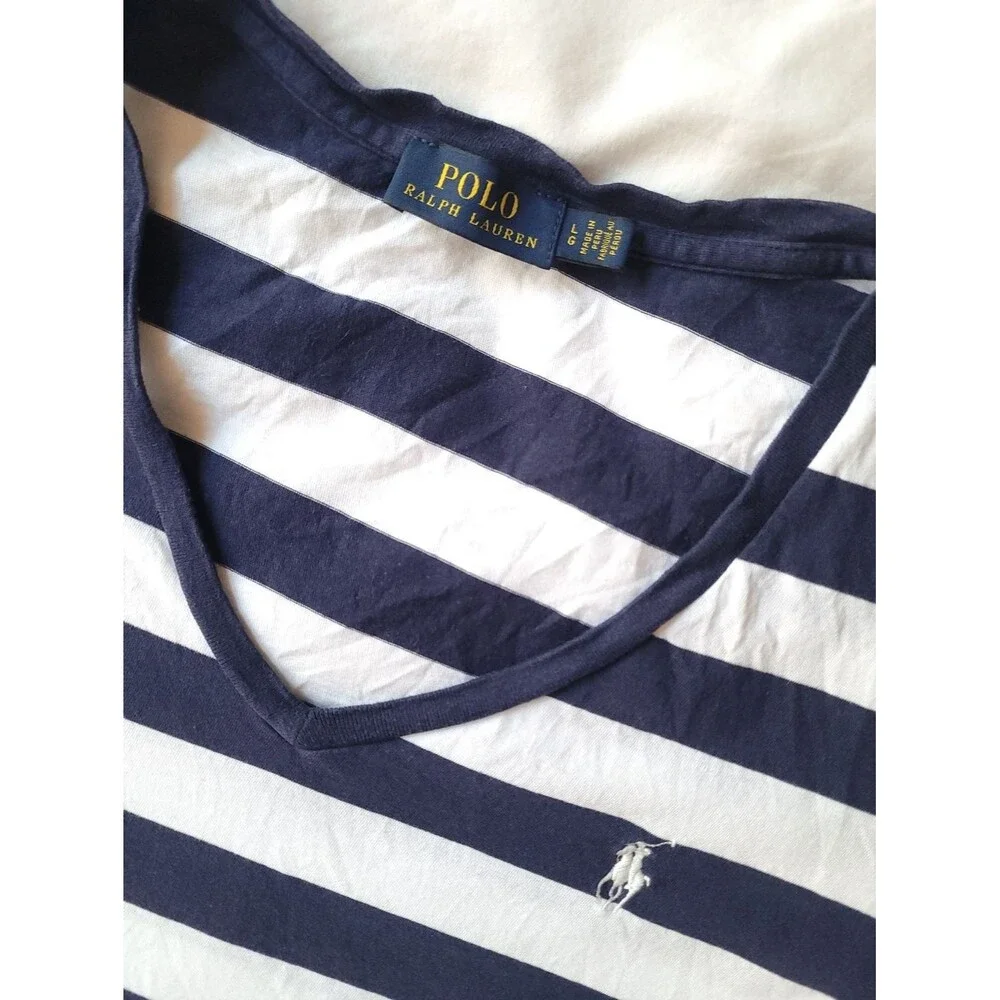 🍒Ralph Lauren🍒 Navy and White Striped V‑Neck Tee